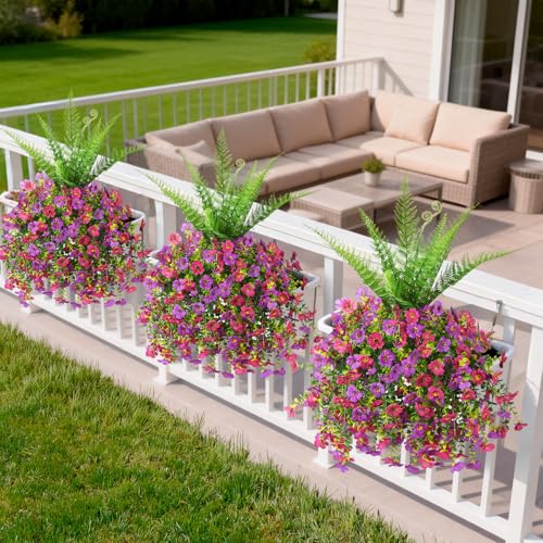 ZFProcess Artificial Fake Hanging Flowers for Outdoors, Silk Daisy with Articial Boston Ferns Plants Set, Realistic Spring Fake Outdoor Flowers UV Resistant Porch Patio Yard Decor - color: Light Purple Red Daisy With Fern
