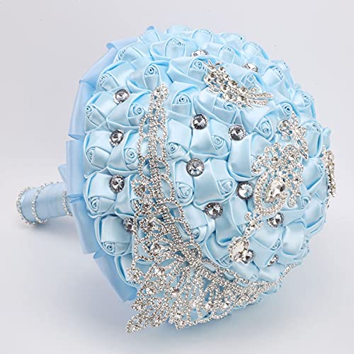 XINNI Handmade Bridal Wedding Bouquet Bride Bridesmaid Satin Rose Flower Bouquet with Drop-Shaped Rhinestone Wedding Decoration Light Blue - color: Lightblue