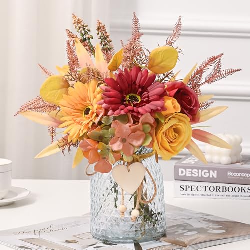 MARTINE MALL Artificial Dahlia Flowers with Vase, Silk Fall Flowers in Vase - Fall Decor for Home Centerpieces, Thanksgiving Party, Rustic Wedding - color: Orange Dahlia