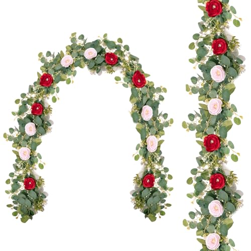 2 Pack 12Ft Artificial Flower Garland with Eucalyptus and 12 Roses, Fake Rose Garland Floral Vines for Wedding Backdrop, Table Centerpieces, Party Decor, Wall Greenery (Red Pink, 2PCS) - color: Red Pink