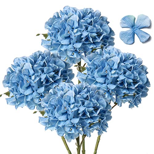 DILATATA 4 Pcs Dried Touch Hydrangeas Artificial Flowers 17" Tall Large Silk Hydrangea Stems Fake Hydrangea Arrangements for Home Office Table Centerpieces-Blue Hydrangea - color: Cool Blue, size: 4PCS
