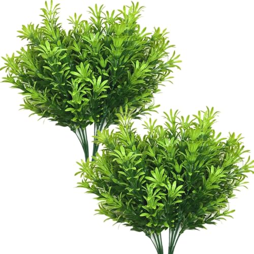 Artificial Plants Shrubs Fake Podocarpus Greenery Bushes The Meaning of Longevity Grass Plastic Leaves Faux Plant for Outdoor Indoor Home Garden Wedding DIY Decor Table Decoration Planter Filler 4 Pcs - color: Podocarpus Shrub / 4 Pack