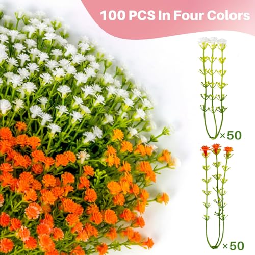 RAINFLOW Babys Breath Artificial Flowers Bulk - 100PCS Mini Flowers for Decoration Scrapbook Supplies Flower Garland Wedding Decorations for Reception Bouquet Accessories Home Decor(White Orange) - color: Orange White, size: 100 PCS