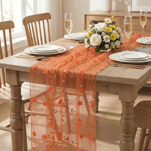 Artoid Mode 3D Flower Orange Gauze Embroidery Table Runner 120 Inch 10FT, Tulle Seasonal Spring Kitchen Dining Holiday Table Decor for Home Party - color: Orange