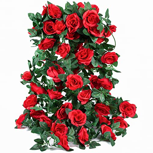 4 Pack (32FT) Artificial Rose Vine Fake Flowers Garland Hanging Silk Rose Ivy Plants Vine for Mother's Day Wedding Arch Party Wall Indoor and Outdoor Aesthetic Art Décor (Red) - color: Red