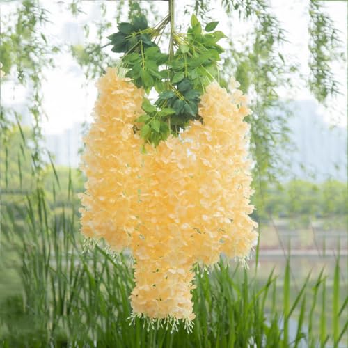WEISPARK Fake Hanging Flowers - 12 Pieces 3.75 Feet/Piece Artificial Wisteria Vine Ratta Hanging Garland Silk Flowers for Home Party Wedding Decor (Champagne) - color: Champagne