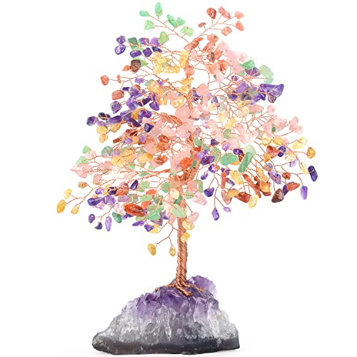 Chakra Tree of Life Natural Gemstone Crystal Tree,Healing Stones(406 Stone Count) with Amethyst Cluster,Fengshui Decor Bonsai Money Tree,Positive Energy Good Luck Gift Size 8.5"-9" - color: Multi Stone With Amethyst Cluster Base
