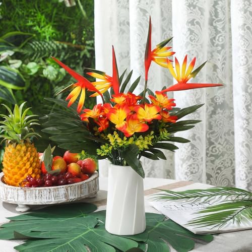 Hotop 4 Set/ 16 Pcs Artificial Tropical Flower Bouquets Bulk for Hawaii Centerpieces Bird of Paradise Lily Bouquet Permanent Flower Tropical Plant Party Office Home Decor (Sunset Red) - color: Sunset Red