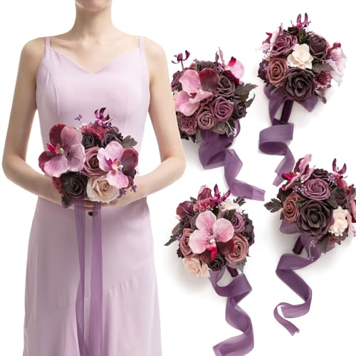 Ling's moment Artificial Bridesmaid Bouquets Set of 4,Deep Plum Wedding Flower Bouquets Purple Floral Bouquet Red Bridal Bouquets with Ribbon Ceremony Anniversary,7-inch Diameter - color: Deep Plum