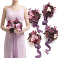 Ling's moment Artificial Bridesmaid Bouquets Set of 4,Deep Plum Wedding Flower Bouquets Purple Floral Bouquet Red Bridal Bouquets with Ribbon Ceremony Anniversary,7-inch Diameter - color: Deep Plum