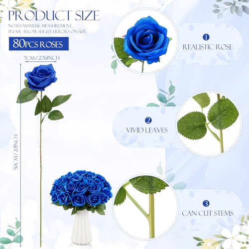Hotop 80 Pcs Rose Artificial Flowers Bulk with Long Stem, Silk Roses Realistic Fake Flowers Bouquet for Wedding Table Centerpieces Bridal Shower Party Home Decorations (Blue) - color: Blue