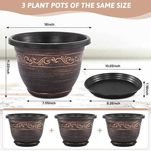 Plastic-Plant-Flower-Planters-16 Inch With Drainage Hole & Saucer, 3 Packs Lightweight Small Resin Flower Pot Indoor Outdoor, Retro Antique Imitation Decorative Garden Containers Sets For Houseplants - color: 3 Pack-16 Inch