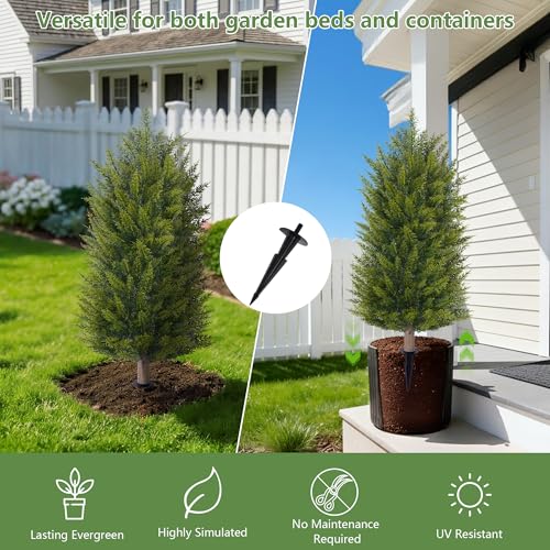 DREAMLOOM Artificial Topiary for Outdoors 3ft Artificial Cedar Trees 2 Set Fake Pine Tree with Spike Faux Shrubs Bushes Outside Front Porch Planter Garden Decor Entryway Home