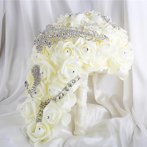Wedding Bouquets for Brides or Bridesmaids Brick and Stone Decoration Pearl Embellishment Roses Bridal Bridesmaid Wedding Hand Bouquet Artificial Fake Flowers.(Cream) - color: Clear