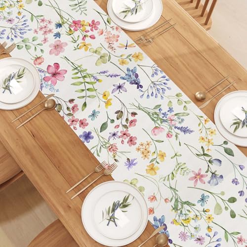 Watercolor Flowers Spring Table Runner Farmhouse Spring Summer Easter Flower Floral Home Kitchen Dining Room Table Decorations 13x48 Inch - size: Table Runner,13" x 48"