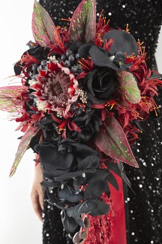 12 Inch Cascade Wedding Bouquets for Bride, Black & Burgundy Cascading Bridal Bouquet for Wedding Silk Artificial Flowers - color: Black & Burgundy