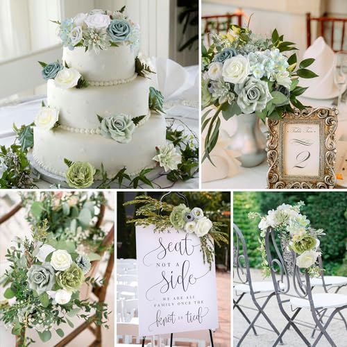 AGIRL Artificial Flowers Combo Silk Mix Green Fake Flower with Stems for DIY Wedding Bouquets Centerpieces Arrangements Table Chair Decor Baby Shower Home Decor (Sage Green) - color: Sage Green