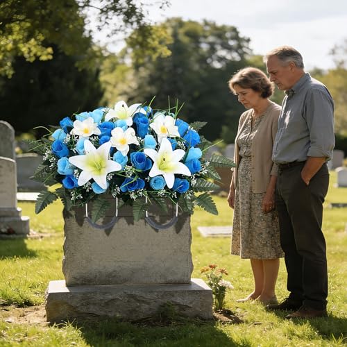Cemetery Flower Saddle - Grave Flowers for Cemetery,Artificial Rose, Lily & Orchid Arrangement for Headstone - All-Weather Grave Decor for Outdoor Tombstone Headstone Decorations (Blue) - color: Blue