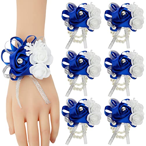 6pcs Royal Blue Wedding Wrist Corsages Faux Silk Rose for Women | for Wedding, Prom, Homecoming, and Evening Party, Wrist Corsages with Pearls for Brides, Bridesmaids, Mother of the Bride - color: 6pcs Royal Blue Wrist Corsages