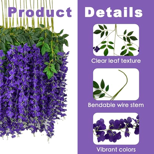 BIRDDIE 48 Pcs of Artificial Wisteria Hanging Flowers, 3.75 Feet Fake Wisteria Flower Strings for Backdrop, Wedding, Ceremony,Garden and Home Wall Decoration (Dark Purple) - color: Dark Purple, size: 48 pcs