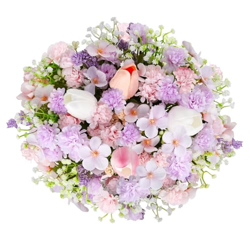 Florielle Artificial Hydrangea Bouquet Fake Silk Flower with Faux Tulips Baby's Breath for Spring Summer Wedding Centerpieces Home Decor Party Table Floral Arrangements (Purple Pink) - color: Purple Pink