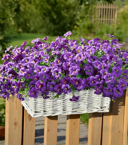 Artificial Flowers for Outdoors Fake Plants Outside Decoration, 20 Bundles Purple Silk Petunia with Eucalyptus UV Resistant Realistic Faux Flowers for Outdoor Planters Garden Balcony Yard Porch Patio - color: Purple