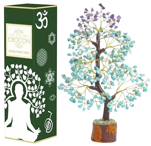 Crocon® Amethyst & Amazonite Tree of Life for Positive Energy feng Shui Tree, Fake Bonsai Tree, Crystals and Healing Stones, Money Tree, Room Decor Stone Tree, Healing Crystals, Spiritual Gifts - color: Amethyst & Amazonite Golden