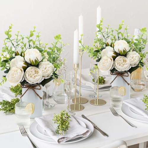 6 Sets Artificial Peonies Flowers, 6 Artificial Peony with Vase 6 Faux Eucalyptus, Faux Silk Peony Bouquet Spring Flowers for Decoration Wedding Party Home Dining (White) - color: White