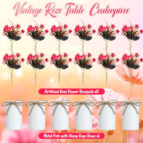 Domensi 6 Sets Wedding Centerpiece for Table Artificial Rose with Vase Fake Bouquets and Metal Pot Flower Arrangements for Bridal Shower Birthday Party Event Table Decor (Rose Red) - color: Rose Red