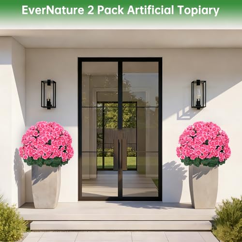 Artificial Begonia Topiary Trees Set of 2, Pink Fake Shrubs Bushes with Ground Spike, Faux Evergreen for Porch Plants, UV Resistant Artificial Flowers for Outdoors Indoor Front Garden - color: Pink Crabapple Blossoms