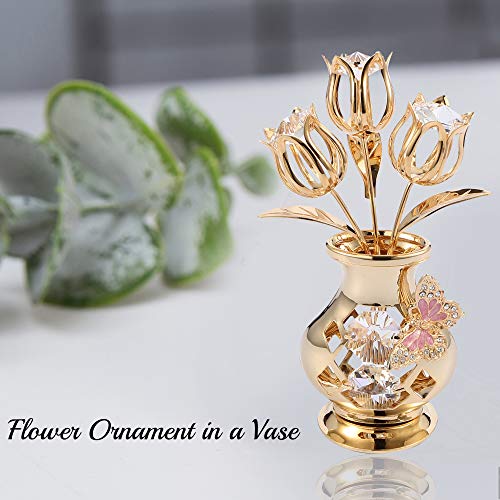 Matashi 24K Gold Plated Crystal Flower Figurine with Clear Crystals & Butterfly – Luxury Decorative Tulip Statue, Elegant Tabletop Home Décor, for Mother's Day, Valentine's Day, Christmas - color: Clear Crystal