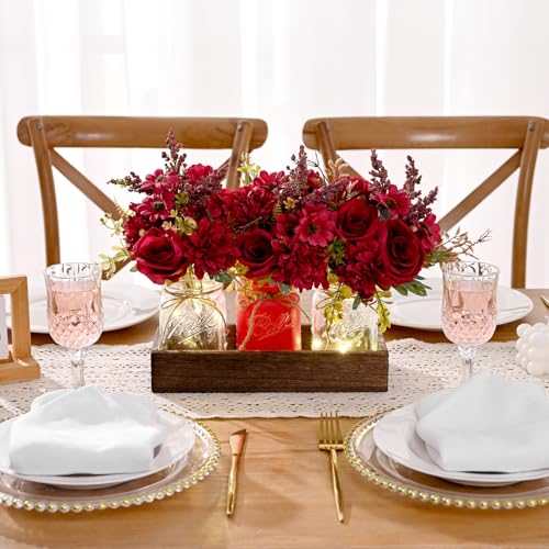 BLEUM CADE Mason Jar Centerpiece Table Decorations, Mason Jar Lights Centerpiece for Kitchen Dining Table Farmhouse Coffee Table Wedding Home Decor with 3 Jars Artificial Flowers & Wood Tray - color: Burgundy-dahlia