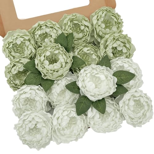 Artificial Flowers, 16pcs Artificial Roses for DIY Wedding Bouquets Centerpieces Arrangements, Sage Green Peonies Flowers with Stem for Bridal Shower Party Home Decorations - color: Sage Green Peonies, size: 16pcs