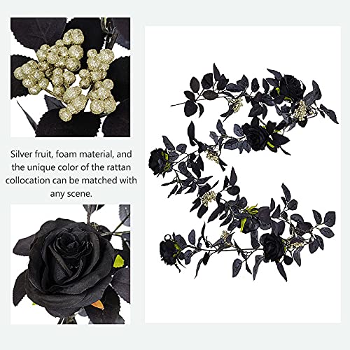 TITA-DONG 70.9 Inch Halloween Red Rose Vine Fake Floral Wall Hanging Ornaments, Artificial Rose Vine Fake Flower Plants,Black Silk Flower Garland for Halloween Decor(#1)