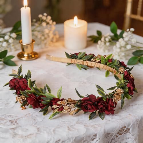 Red Rose Flower Headband, Artificial Fairy Elf Flower Crown, Forest Woodland Floral Headpiece for Women Maternity Wedding Renaissance Festival Cosplay Party Hair Accessories - color: Red
