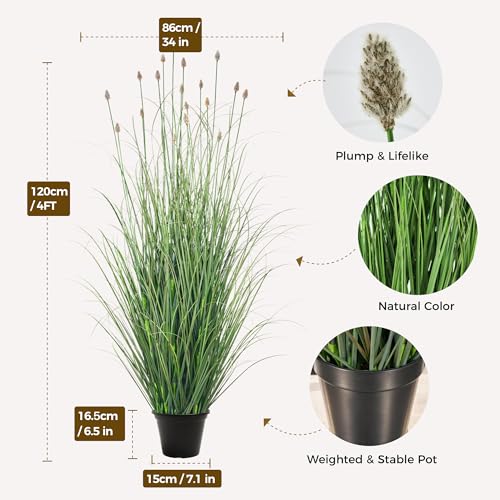 3FT / 4FT Extra Lush Artificial Plant (2pcs), Luxury Fake Tall Plants with Pot, Luxury Faux Tall Greenery with Dogtail for Garden Porch and Home Decor (Gray, 4FT) - color: Green With Gray Tail, size: 4FT
