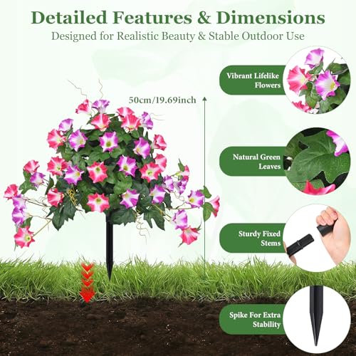 Elyum 2 Pack Artificial Flowers Topiary Ball Trees for Outdoors, 19.7" Lifelike Morning Glory Fake Bushes Plants, UV Resistant Fake Plants Faux Shrubs with Ground Spike for Porch Garden Decor - color: Purple and Red