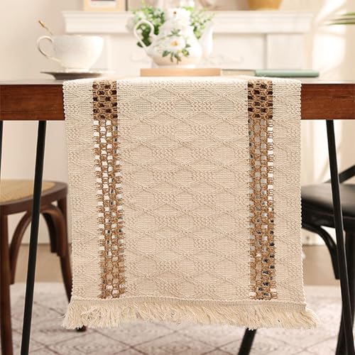Niviy Boho Table Runner for Summer Home Decor 72 Inches Long Farmhouse Macrame Table Runner Cotton Linen Woven Table Runners for Fall Dining Table Decoration, Beige & Brown - color: Beige & Brown, size: 12 x 72 Inches