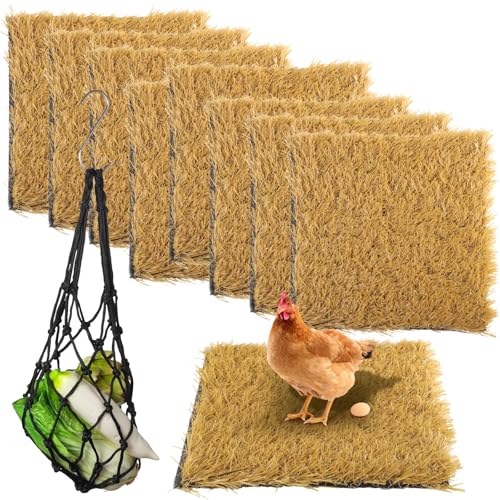 8 Pcs Chicken Nesting Box Pads, Washable Artificial Grass Mats with Feeding String Bag, Reusable Fake Turf Beddings, Indoor & Outdoor Green Rugs for Chicken Coops, 12x12 Inches