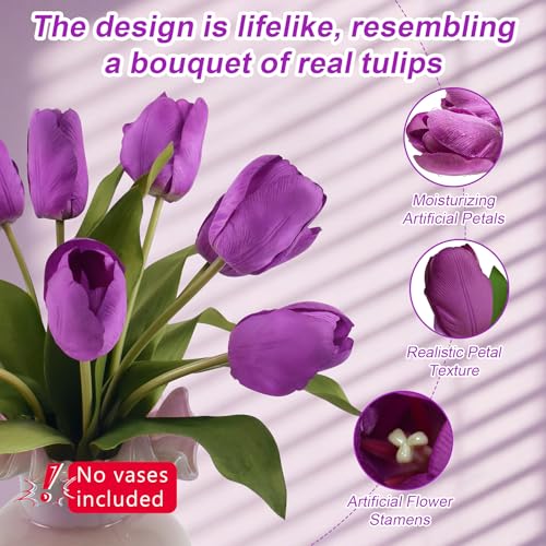 10 Stems Artificial Tulips Bouquet 14" Fake Tulips Flowers Realistic Faux Flowers for Wedding Home Party Decor Spring Decor Valentine's Day and Easter Decorations(Purple) - color: Purple