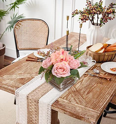 DILATATA Flower Arrangement with Wooden Vase 8" Artificial Flowers in Pot - Fake Flowers Roses Peonies Hydrangeas in Wooden Vase Potted Flower Centerpieces for Table Decor Living Room - Dusty Pink - color: 8"h Dusty Pink