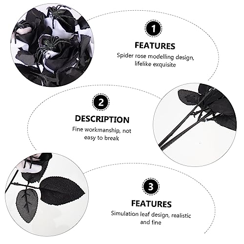 PRETYZOOM 5Pcs Halloween Artificial Rose Decorations with Spooky Spider Accent Black and White Polyester Flowers for Indoor Party Haunted House Store Atmosphere Setup