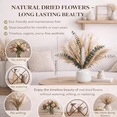 Natural Dried Pampas Grass Bouquet with Eucalyptus, 17” Boho Floral Arrangement for Vase, Home Office Farmhouse Decor, Wedding Centerpieces, Rustic Home Decor