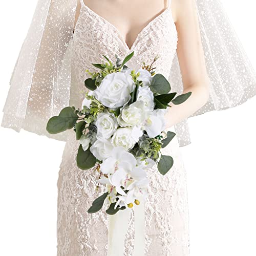 Artificial Bridal Bouquet, 11 Inch White Artificial Wedding Bouquets for Bride Bridal Bouquet Bridesmaid Bouquet Tossing Bouquet for Wedding Ceremony and Anniversary(White) - color: White