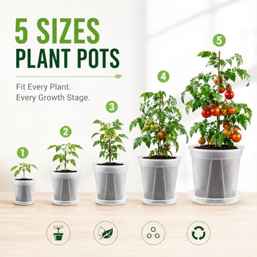 GREENPARA Transparent Plastic Garden Pots Planter with Saucer 4/5 /6/7 /8 inch Plant Pot Nursery Pots Drainage Hole for House Plants, Herb, Flowers, and Cactus with 10pcs Plant Labels, 5-Set