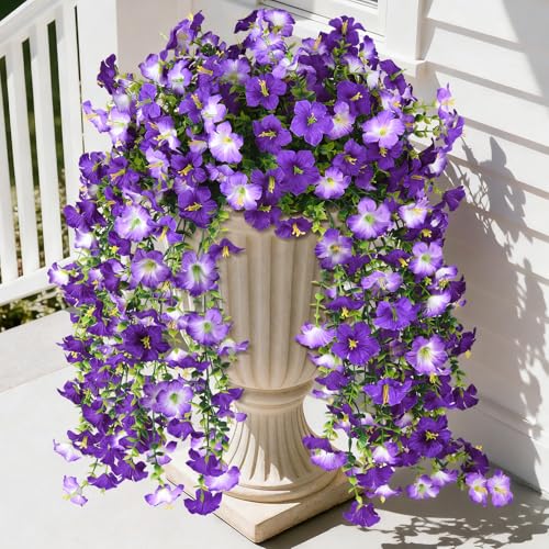 Artificial Hanging Flowers Plants for Outdoor Spring Summer Decoration, 2PCS Faux Silk Morning glory UV Resistant Look Real for Outside Home Indoor Planter Porch Garden Yard Decor(Dark Orchid) - color: Dark Orchid