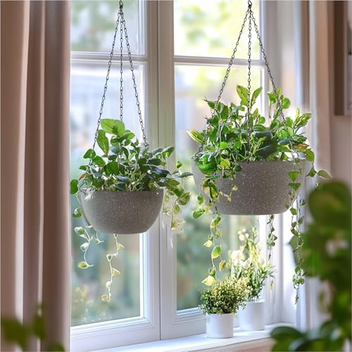 T4U 8 Inch Hanging Planters for Indoor Plants, 2 Pack Hanging Planter, Hanging Plant Pots with Drainage Holes and Chain, Hanging Basket Pots for Garden Home Porch Decor,Grey - color: Gray, size: 8 In