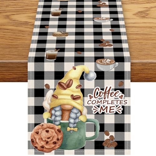 Coffee Time Table Runner, Rustic Black White Plaid Buffalo Gnome Coffee Theme Cafe Cup Tea Bean Drinks Table Center Decor for Family Outdoor Holiday Party Table Decorations, 13"x36" - color: Coffee-1, size: 13“ X 36"