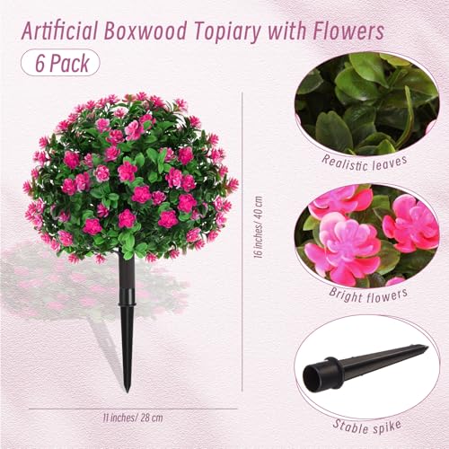 Yunlly Set of 6 Artificial Boxwood Topiary Ball Tree 16 Inch Outdoor Topiary Tree with Flower Fake Bushes, UV Resistance Faux Shrubs Evergreen Plant with Spike for Front Porch Indoor Decor (Pink) - color: Pink