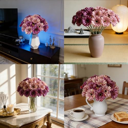 16Pcs Vintage Pink & Dusty Purple Gradient Artificial Flowers Arrangements,Fake Silk Flowers Gerbera Daisy Bulk, Lifelike Faux Daisy for Wedding Bouquet Table Centerpiece Home Decor - color: Pink
